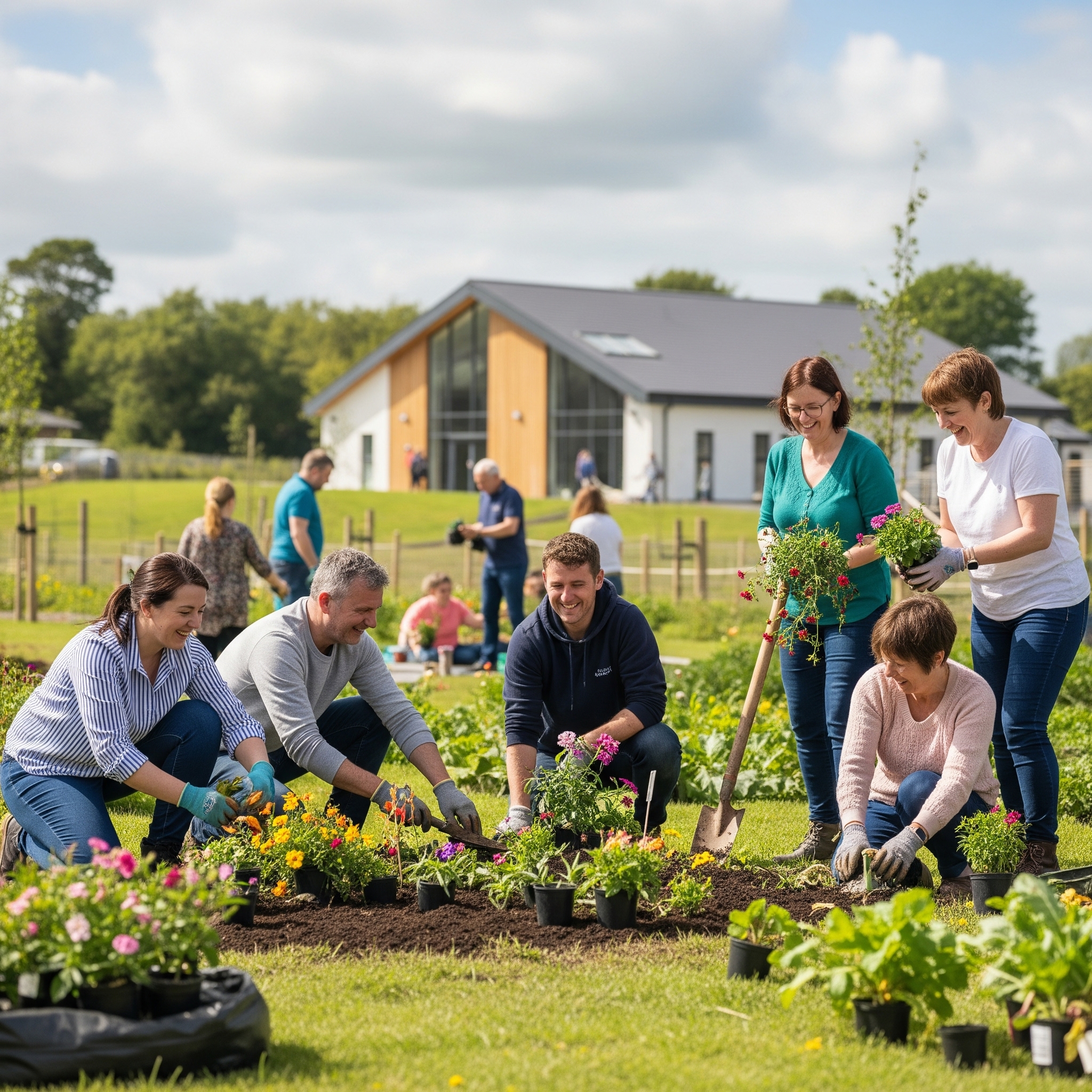 about pic A diverse group of community members smiling and working together in a large community garden. In the foreground, people are kneeling to plant bright flowers into fresh soil pots, while a modern, light-wood building and rolling green fields are visible in the background.