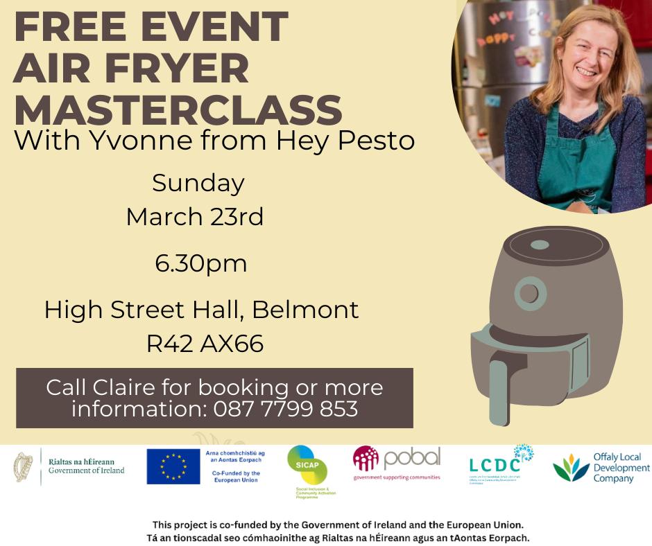 This is a poster of the Free Event Air Fryer Master Class happening in Belmont