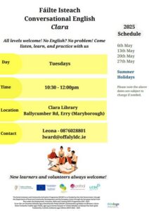 This is a poster of the Failte Isteach Conversational English that is happening in Clara