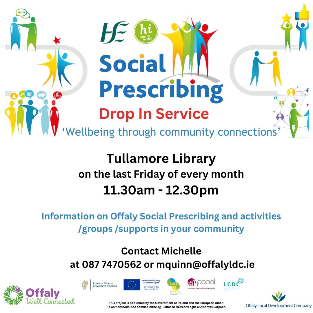This is a poster of the Social Prescribing - Drop - In Service in Tullamore Library