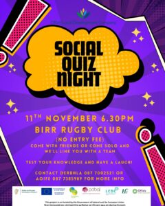 This is a poster of the Social Quiz Night happening in Birr