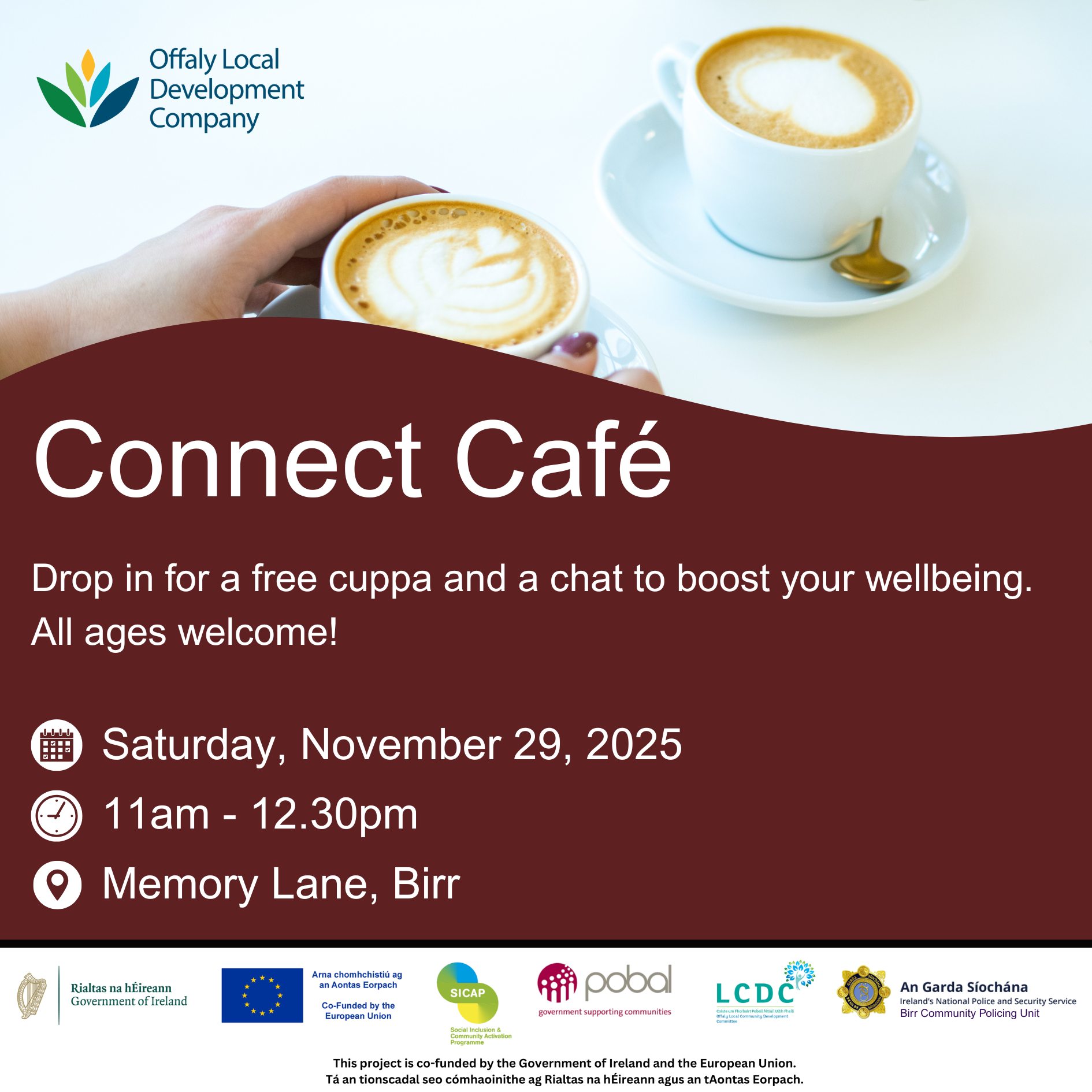 This is a poster of the Connect Café that is happening in Birr