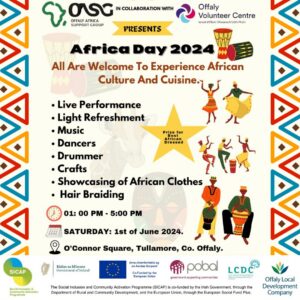 This is a poster of Africa Day happening in Tullamore for 2024