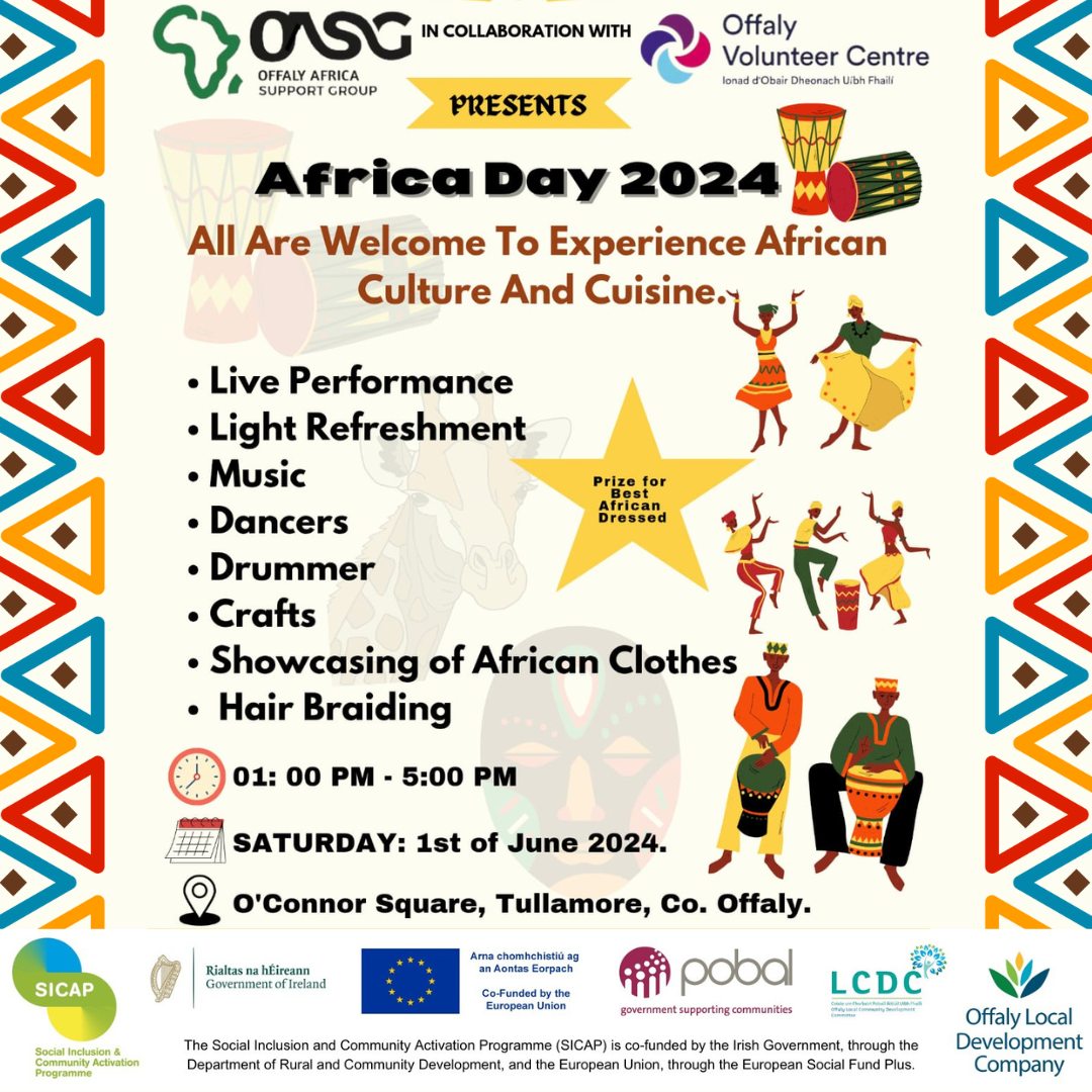 This is a poster of Africa Day happening in Tullamore for 2024