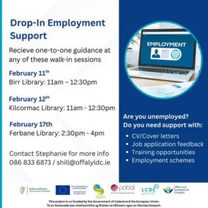 This is a poster of the Drop ~ In Employment Support that is happening in the Libraries in Offaly