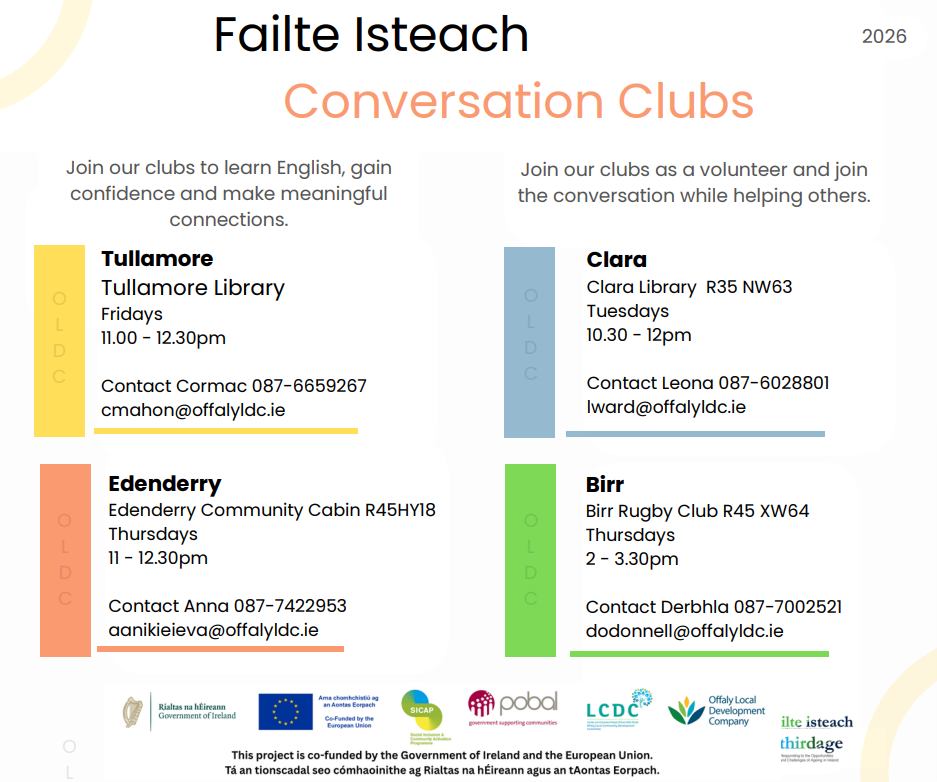 This is a poster of Failte Isteach Conversation Clubs around Offaly for 2026