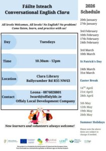 This is a poster of the Failte Isteach Conversational English happening in Clara for 2026