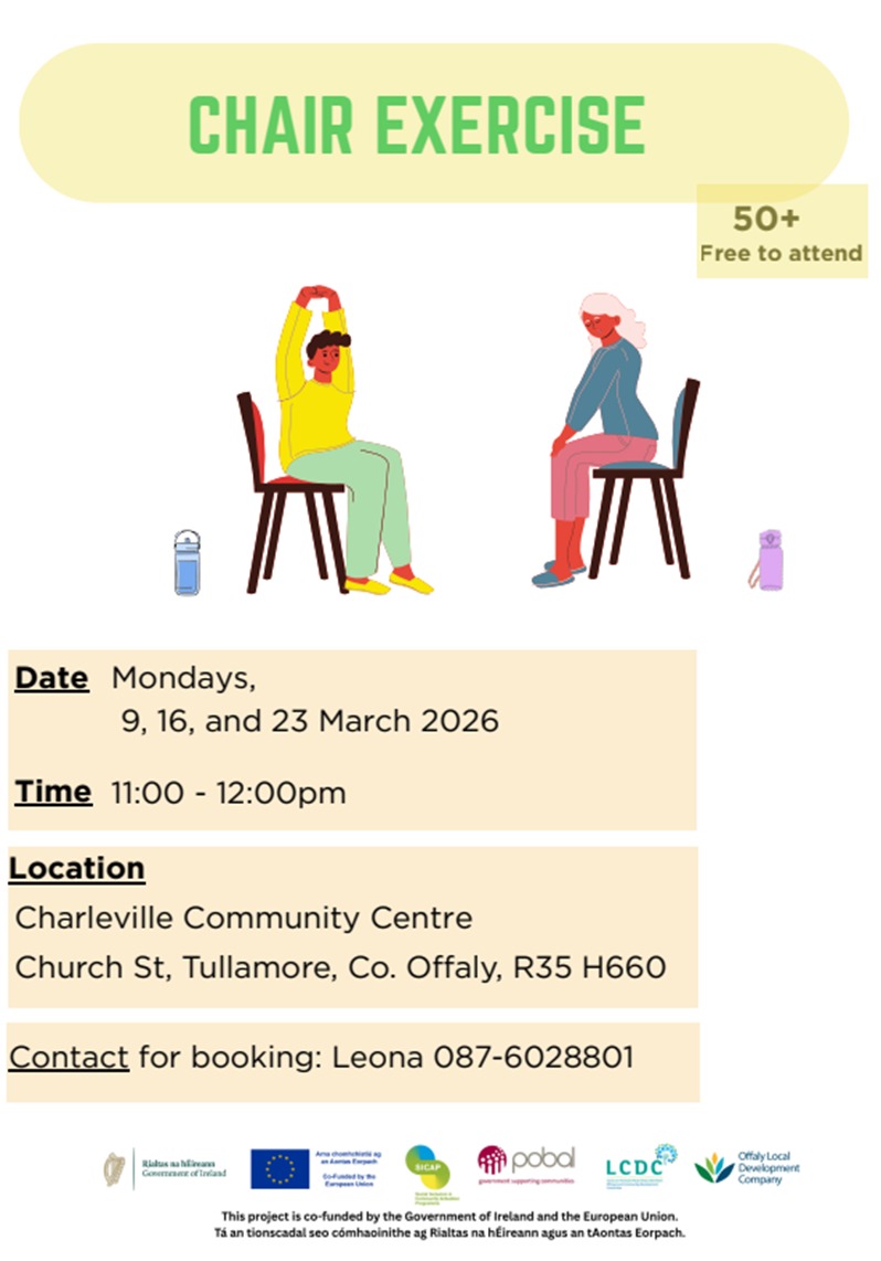 This is a poster of the Chair Yoga that is happening in Tullamore