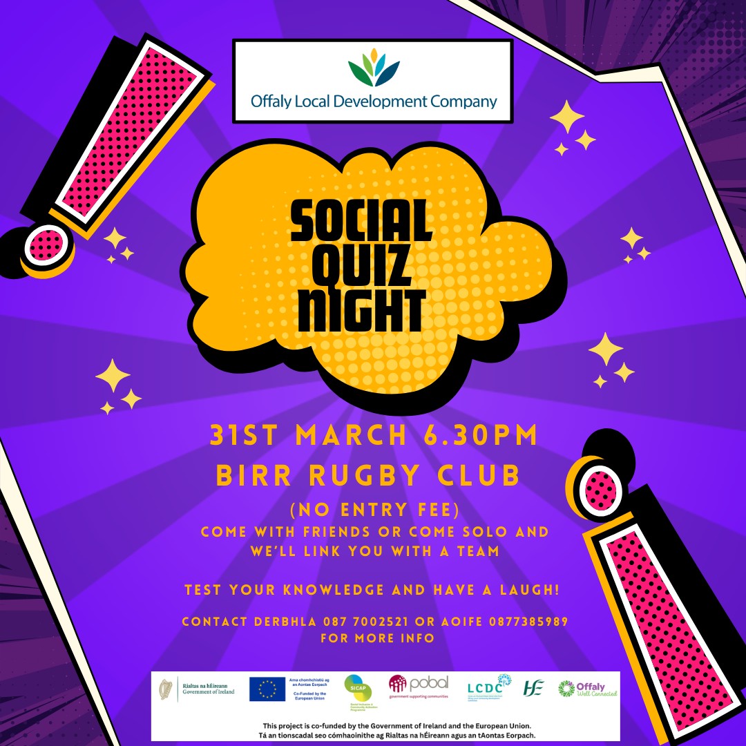 This is a poster of the Social Quiz Night that is happening in Birr