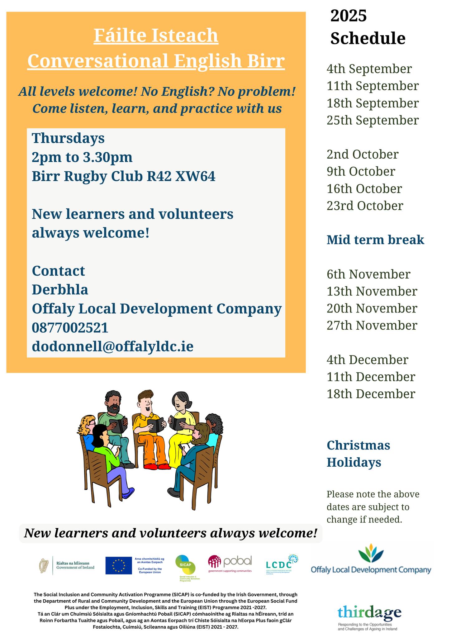 This is a poster of the Failte Isteach Conversational Club is back in Birr