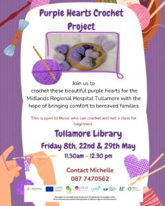 This is a poster of the Purple Hearts Crochet project that is happening in Tullamore