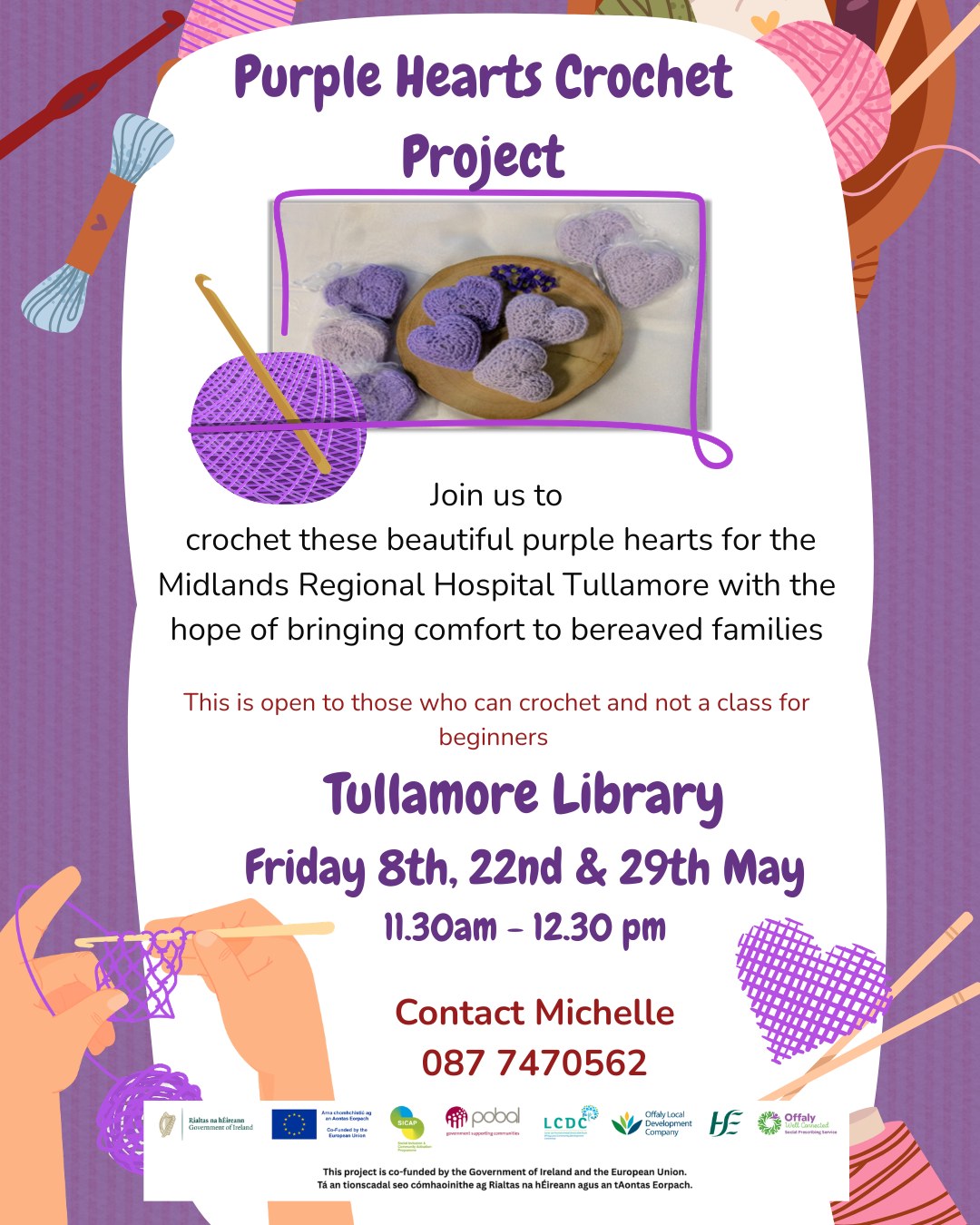 This is a poster of the Purple Hearts Crochet project that is happening in Tullamore