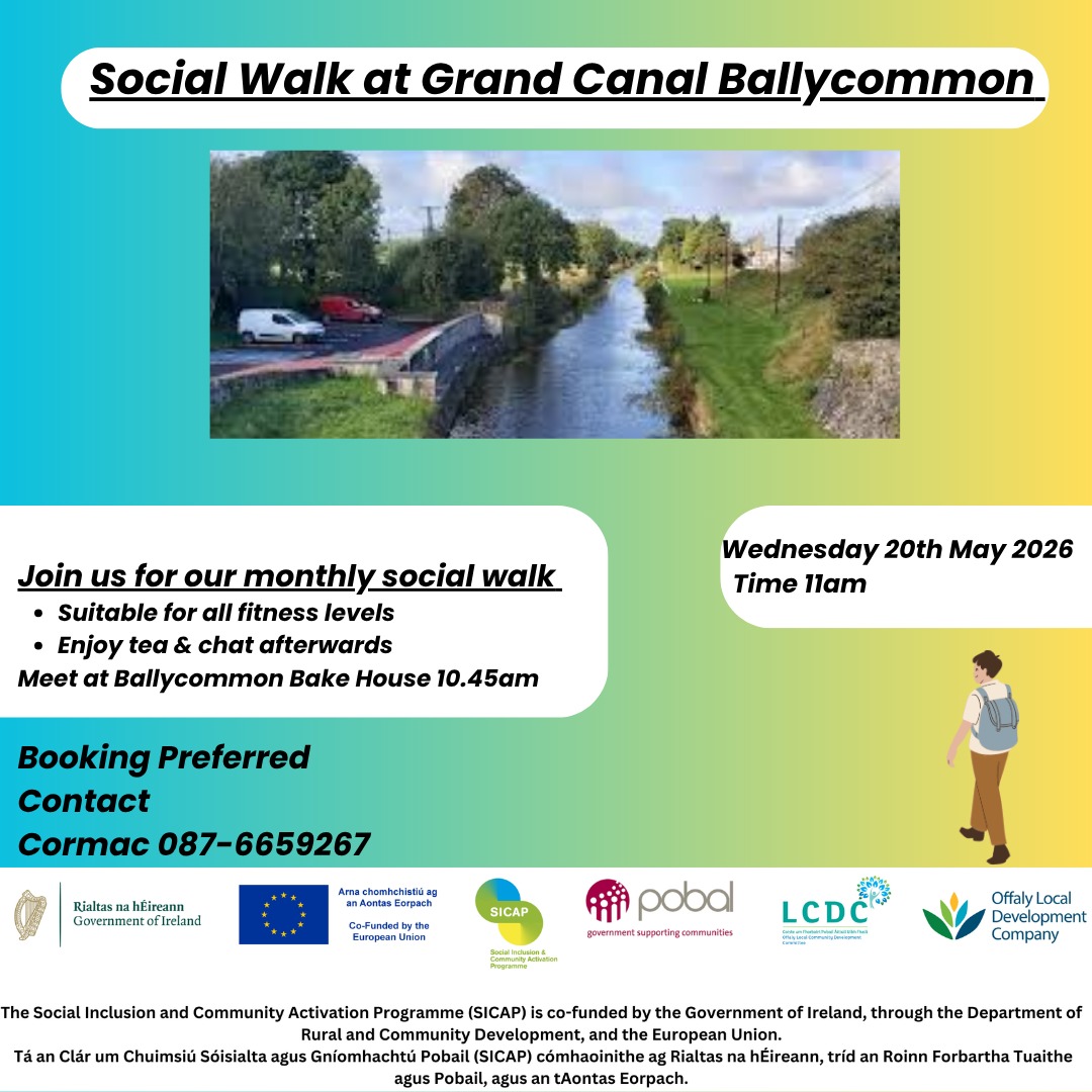 This is a poster of the Social Walk at Grand Canal in Ballycommon Bake House