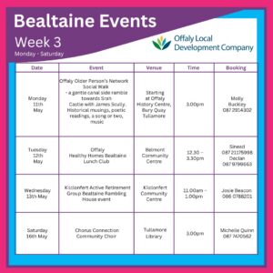 This is a poster of the Bealtaine Events that are happening around Offaly
