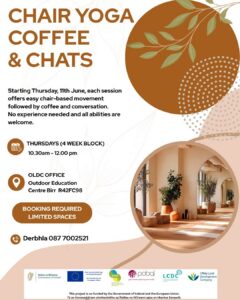 This is a poster representing the Chair Yoga, Coffee & Chats
