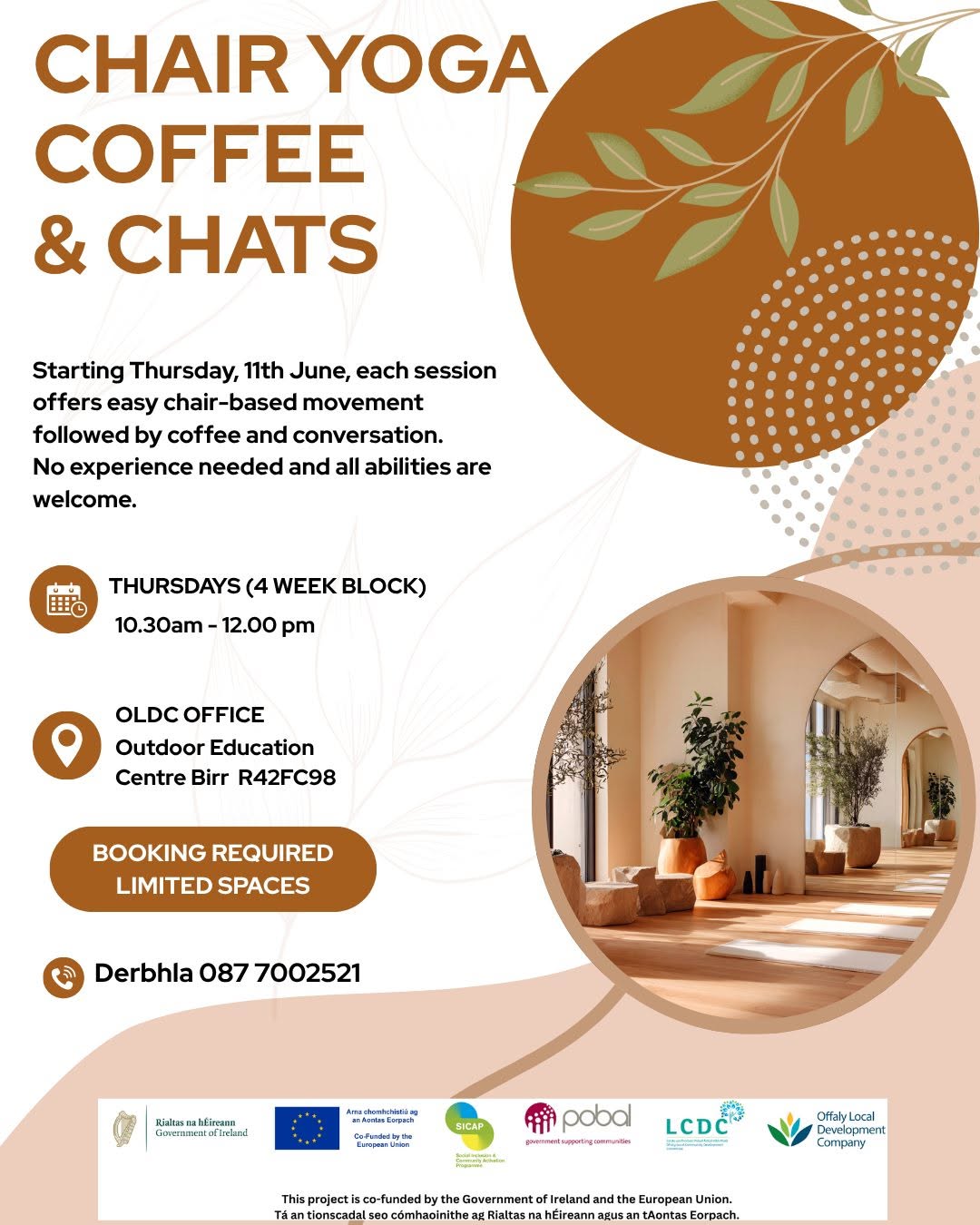 This is a poster representing the Chair Yoga, Coffee & Chats