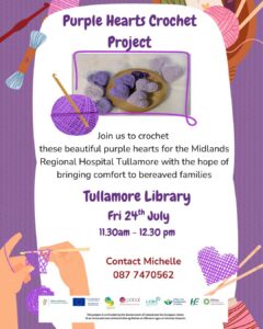 This is a poster of the Purple Hearts Crochet Project that's happening in Tullamore