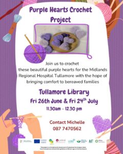 this is a poster of the Purple Hearts Crochet Project that is happening in Tullamore