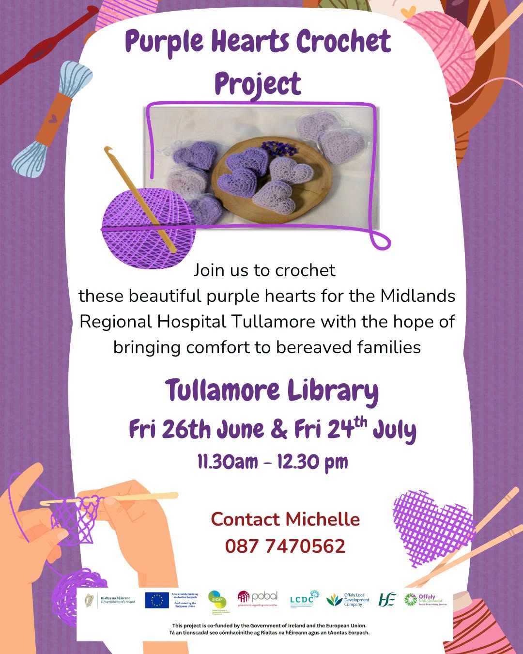 this is a poster of the Purple Hearts Crochet Project that is happening in Tullamore