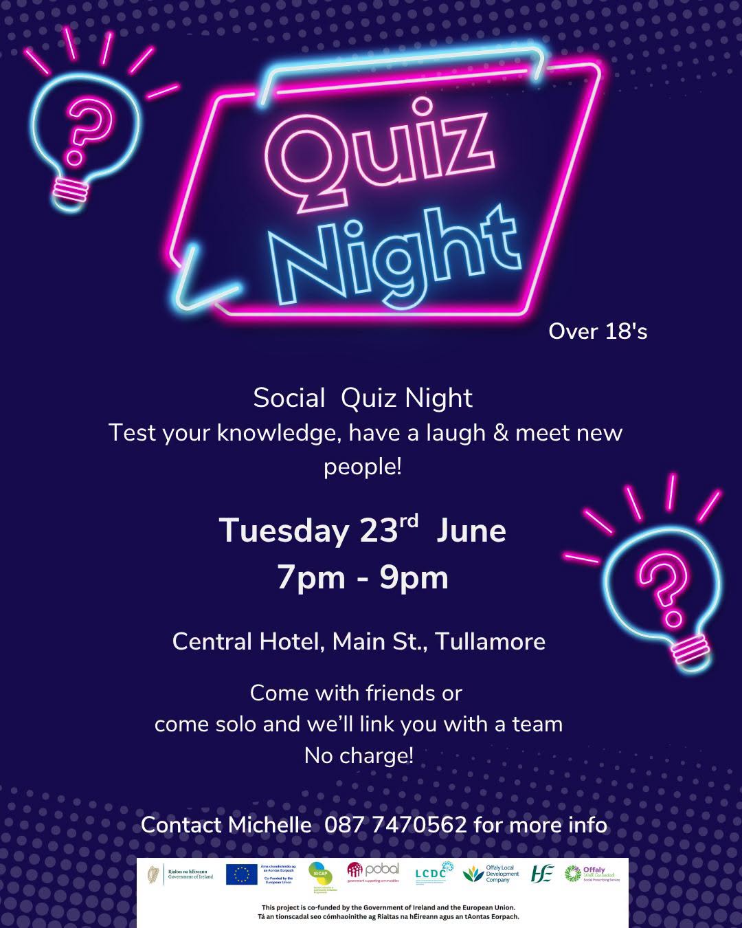 This is a poster of the Social Quiz Night that is happening in Tullamore