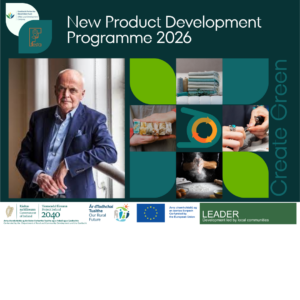 Cover graphic for the New Product Development Programme 2026, featuring a portrait of Eddie Shanahan alongside photographs of textiles, crafts, jewellery making and artisan food , with logos for local development and European funding programmes.”