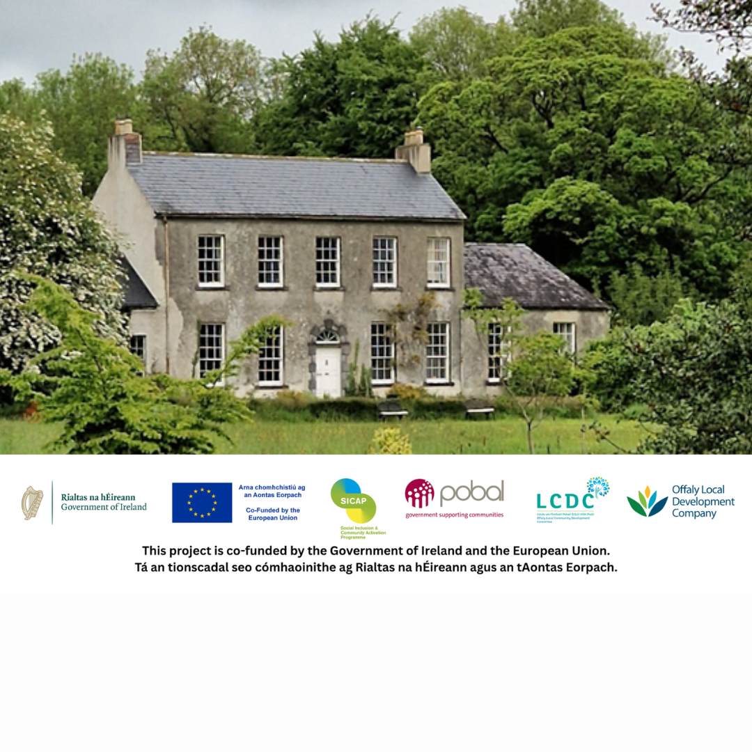 Image promoting Bia -Diversity Social walk at Bloomville House with logos for local development and European funding programmes