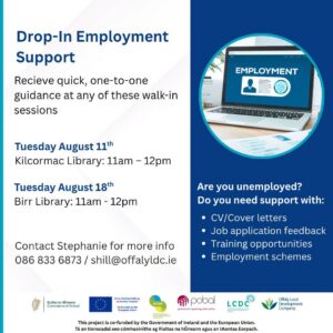 This is a poster of the Drop - In Employment Support that's starting in both Libraries