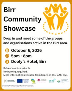 Poster of the Birr Community Showcase that is happening in Birr
