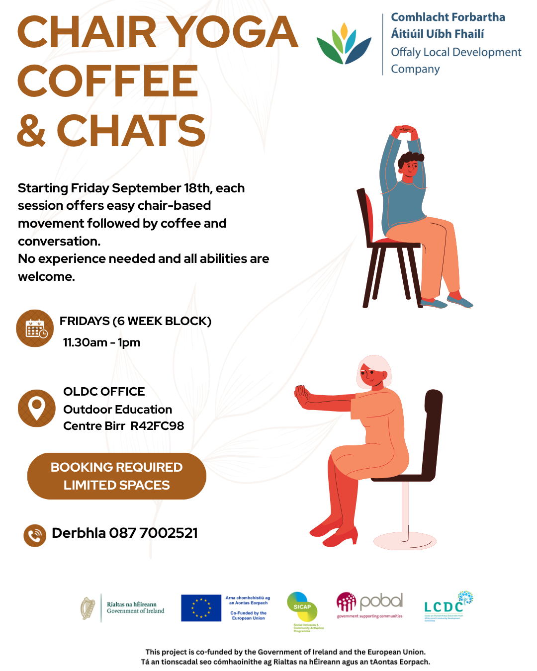 This is a poster of the Chair Yoga ~ Coffee & Chats that is happening Birr