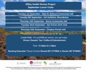 This is a poster of the Offaly healthy Homes Lunch Clubs for September around Offaly.