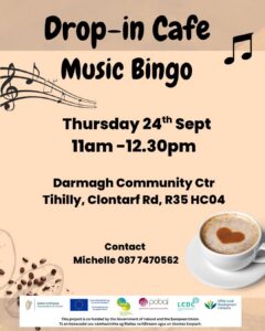 This is a poster of the Drop - In Cafe ~ Music Bingo that is happening in Tullamore