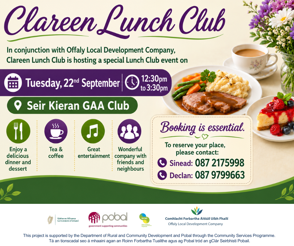 This is a poster of the Lunch Club that is happening in Clareen