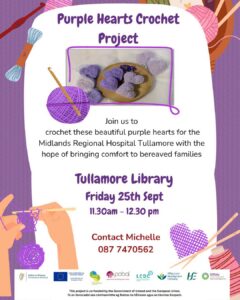 Purple Hearts Crochet Project that is happening in Tullamore Libnrary