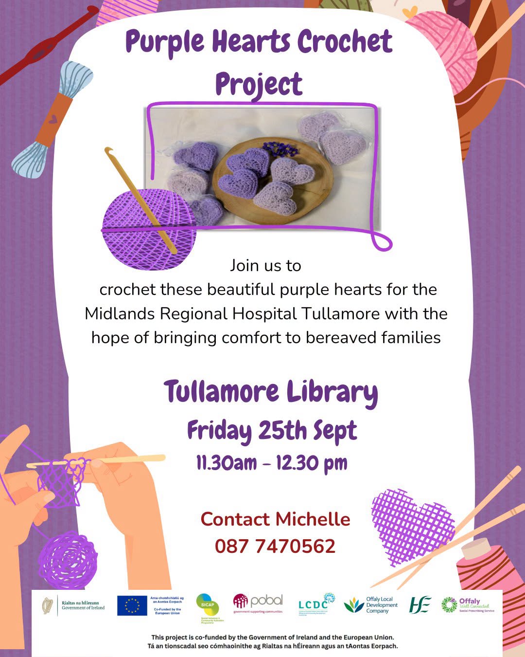 Purple Hearts Crochet Project that is happening in Tullamore Libnrary