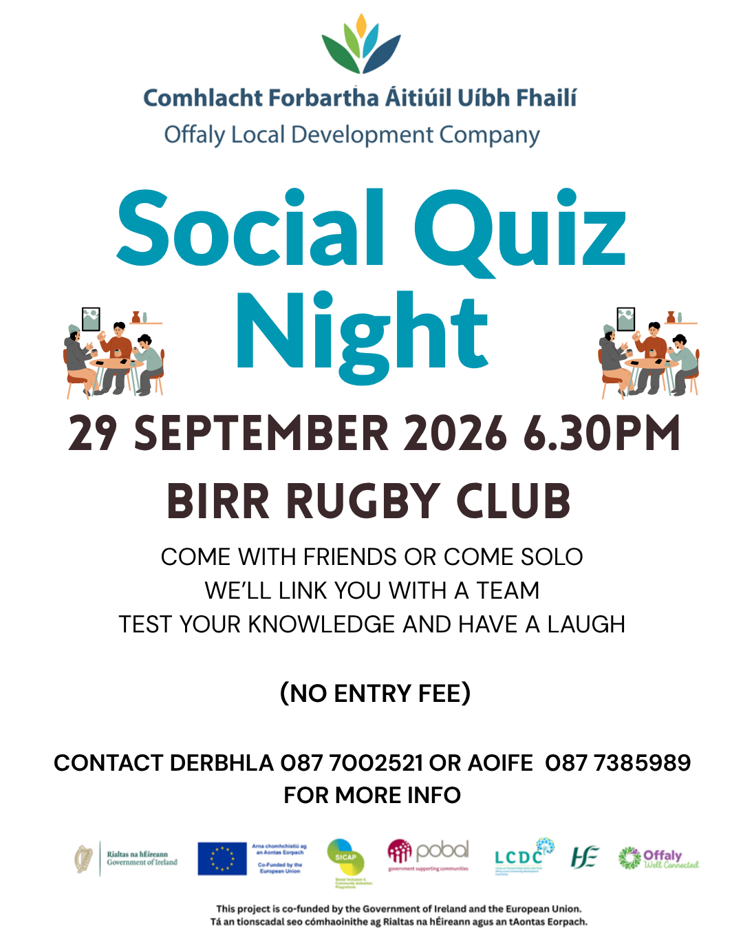 This is a poster of the Social Quiz Night that is happening in Birr Rugby Club