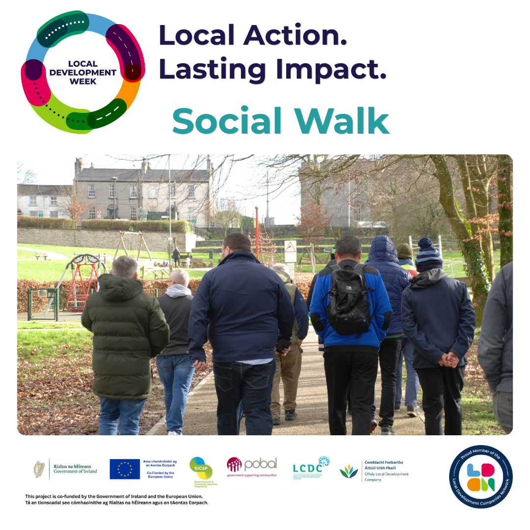 Local Development Week Social Walk promotional graphic showing a group of people walking through a park, with the message “Local Action. Lasting Impact