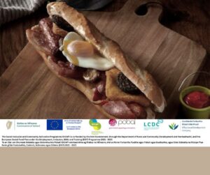 Image of Breakfast Roll on Wooden board with Funding logos
