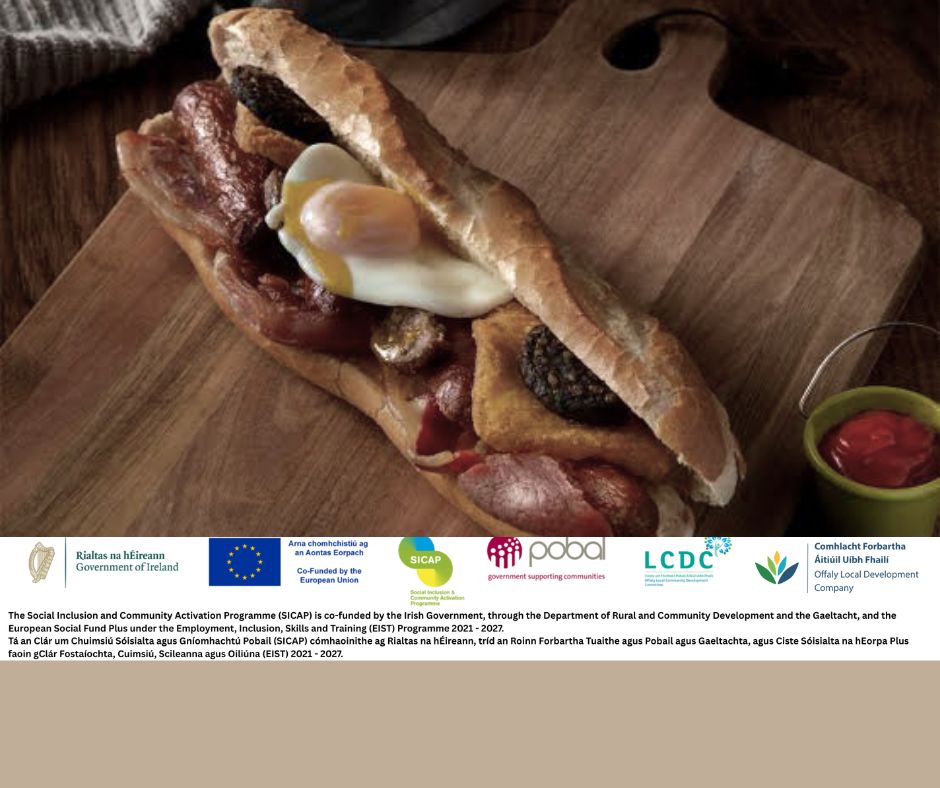 Image of Breakfast Roll on Wooden board with Funding logos