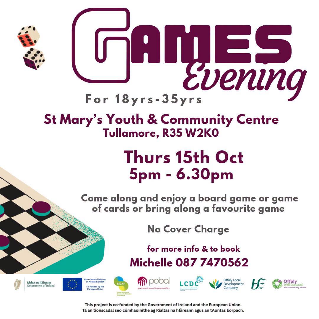 This is a poster of the Games Evening that is happening in Tullamore